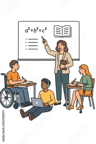 Inclusive education vector illustration. Diverse students with disabilities in classroom. Teacher explains math on whiteboard to boy in wheelchair and girl with crutch. Accessible learning.