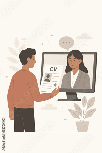 Remote hiring and online recruitment vector concept. Job candidate presents CV resume during a virtual interview with an HR manager on a computer. Human resources and career search.