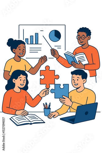 Collaborative learning and business strategy concept. Diverse team working together, solving puzzle. People in a meeting analyzing data charts. Teamwork, partnership, education vector.