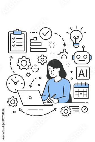 AI powered task automation concept with woman at laptop. Business process optimization using artificial intelligence. Workflow, productivity, efficiency, time management line art vector.