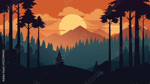 Serene forest landscape silhouette with sunset sky and mountainous background