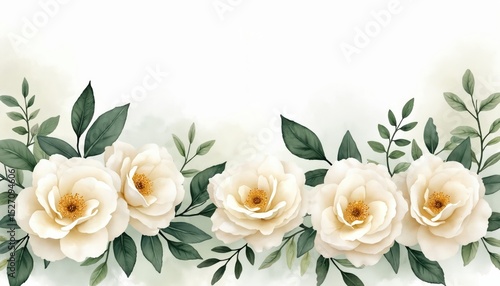 Elegant watercolor illustration of white roses and green leaves border on white background. Delicate floral design for invitations cards decor print wedding design.