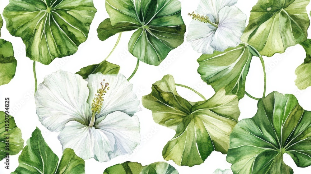 Fototapeta premium Watercolor seamless pattern of white hibiscus flowers and green leaves on white background.