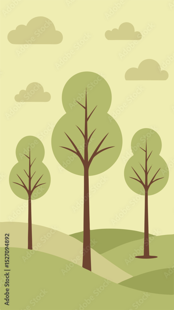 Obraz premium Simple and minimalist landscape illustration with trees and clouds on a white background