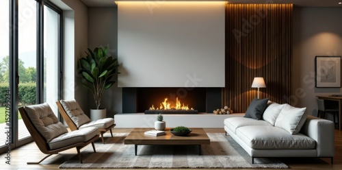 Sleek fireplace warms a contemporary living room, inviting ambiance , living room, simple, design