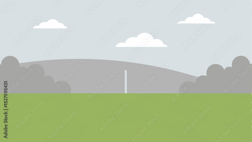Fototapeta premium Simple landscape scene featuring green field clouds and sky in a minimalist design
