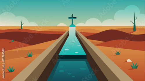 A grave for irrigation the empty canal serves as a somber marker for the death of hopes and dreams for a bountiful harvest.. Vector illustration