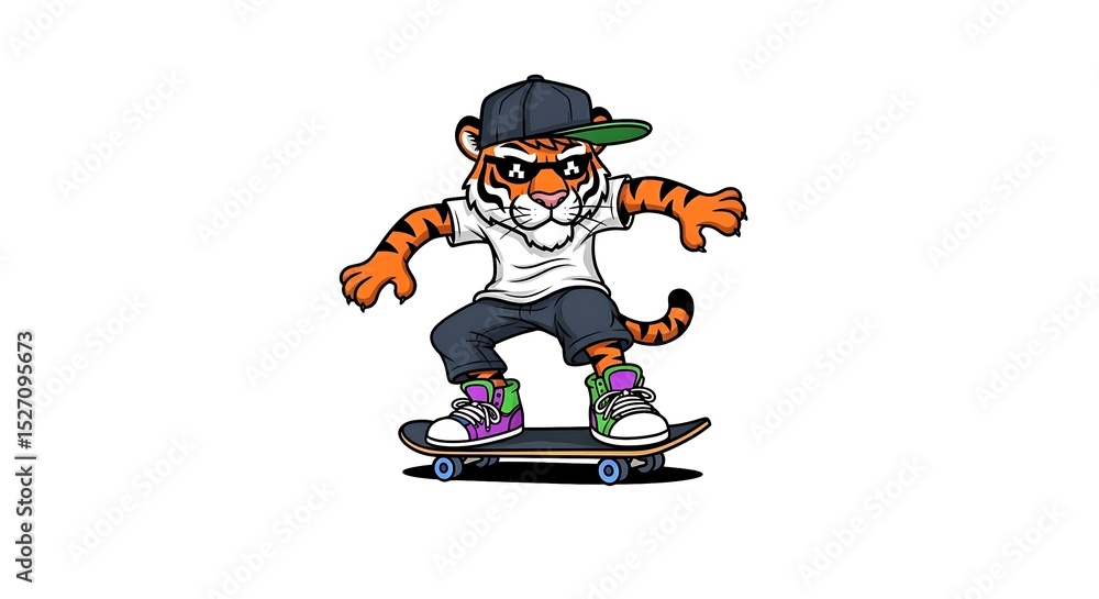 Obraz premium Teen cartoon tiger wearing a cap backwards and colorful sneakers, riding a skateboard. Urban and energetic style on white background.