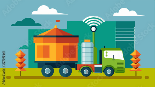 A selfdriving grain cart transporting harvested crops from the field to the storage silo using sensors and GPS technology to navigate and unload at the designated location.. Vector illustration