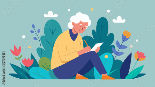 An elderly person sitting in a peaceful garden surrounded by flowers and plants writing in their journal. The scene portrays how journaling can be a therapeutic and calming. Vector illustration