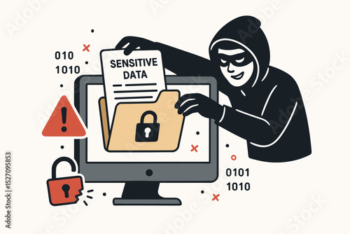 Cybersecurity concept with a hacker stealing sensitive data from a computer. Cyber attack, data breach, internet crime, and information theft illustration. Phishing and privacy.
