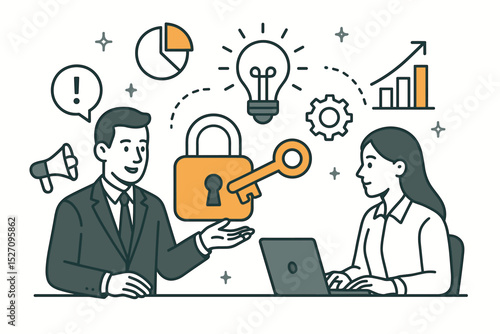 Key to business success concept. Marketing consultant sharing growth secrets with client. Man gives key to woman. Metaphor for strategy, unlocking potential, innovation, and solutions.