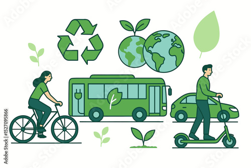 Eco friendly mobility and sustainable transport concept. Vector illustration set with people, electric car, bus, scooter, bicycle. Green energy, recycling, earth conservation icons.