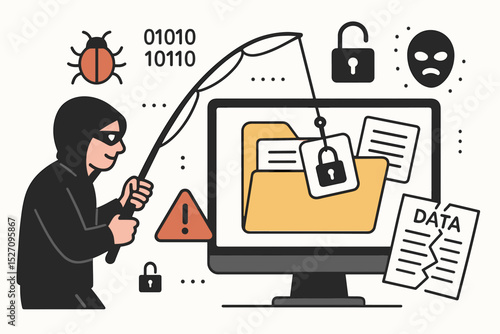 Phishing attack concept. Hacker with fishing rod stealing data from computer. Cyber security breach metaphor. Internet crime, data theft, online fraud, digital privacy vector illustration.
