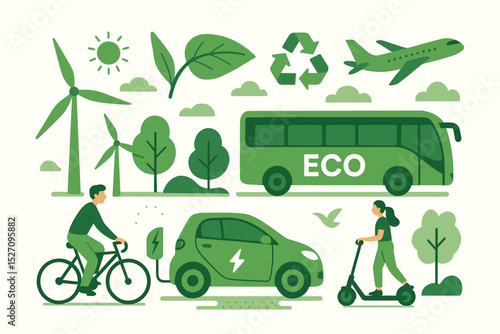 Eco friendly mobility concept. Green transport vector set with electric car, bicycle, scooter, and eco bus. Sustainable lifestyle with renewable wind energy. Ecology conservation graphic.