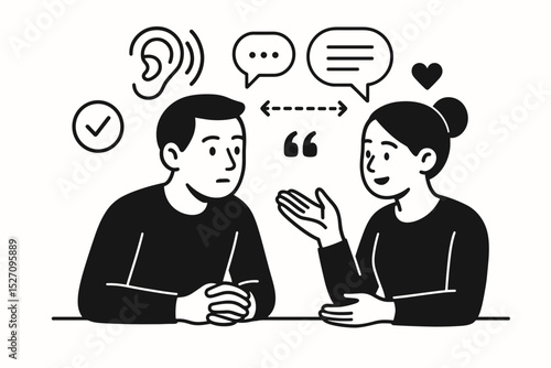 Active listening concept with man and woman in dialogue. Vector illustration showing empathy, understanding, and effective communication skills. Psychology, therapy, and support icon set.
