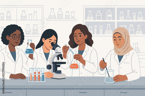 Team of diverse women scientists in a lab. Multicultural female researchers conducting a chemical experiment with microscope and flasks. Women in STEM, science, and research concept.