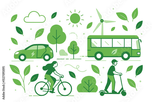 Eco friendly mobility concept. Green transport vector illustration. Sustainable city life with electric car, bus, scooter, and bicycle. Renewable energy and environment care.