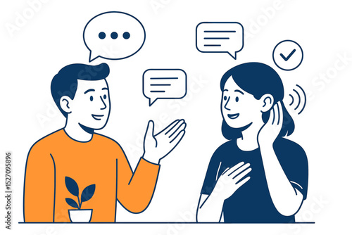 Active listening vector illustration. Woman listening with empathy to a man speaking. Concept of communication, dialogue, understanding, support, coaching and therapy session. Psychology.
