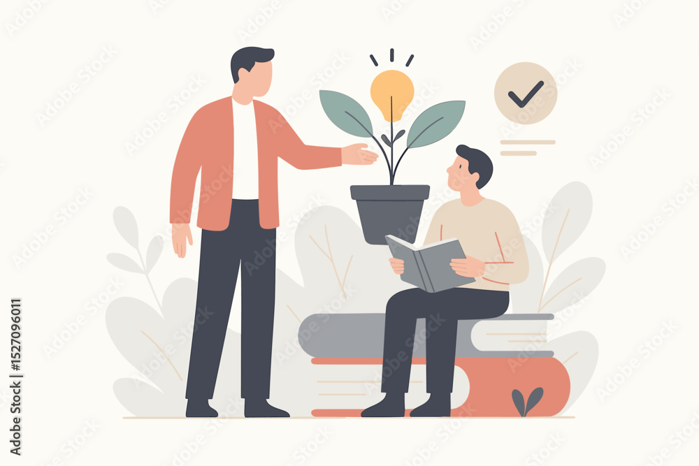 Obraz premium Mentorship, coaching and personal growth concept. Mentor guiding student for professional development. Man reading on books. Plant with lightbulb as idea and knowledge metaphor.
