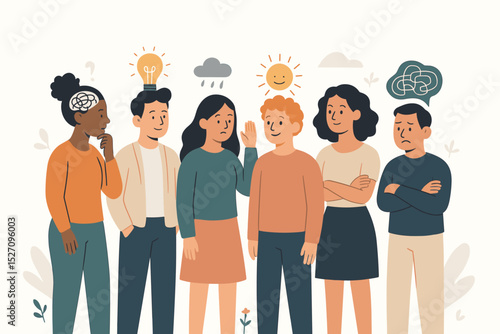 Mental health and emotions vector illustration. Diverse people with different feelings, cognitive styles, and thoughts. Psychology concept of mood, personality, anxiety, and creativity.