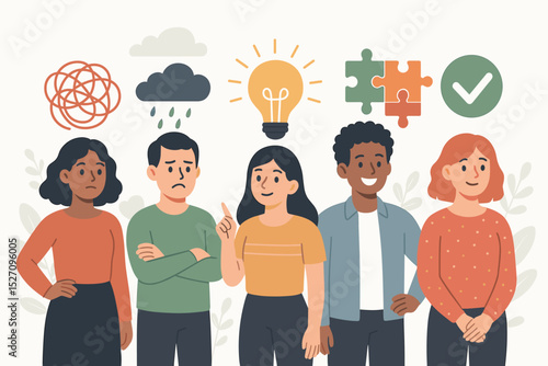 Mental health concept with diverse people showing different emotions. Cognitive styles from confusion and sadness to creative idea, teamwork and success. Psychology vector illustration.