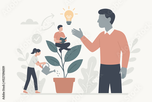 Mentorship and growth vector concept. Business coach guiding employee for professional development. Personal training, learning, and knowledge support for career success metaphor.