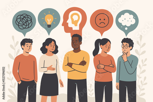 Mental health and psychology concept. Diverse group of people with different thoughts, emotions, and cognitive styles. Vector illustration of personality types with various moods.
