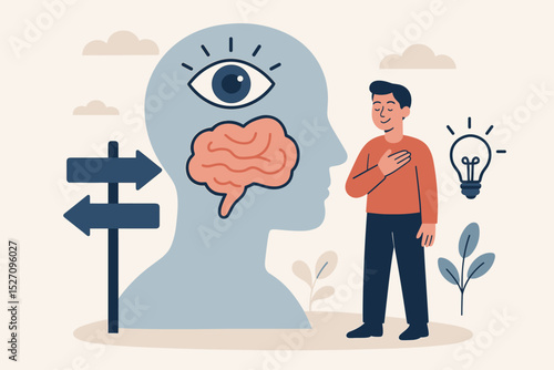 Intuitive decision making concept. Man trusts his gut feeling. Choice between logic of the brain and intuition of the heart. Inner voice, self-awareness, psychology illustration.