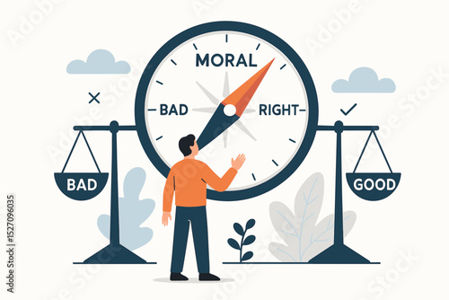 Ethical decision-making concept. Man balances good and bad on scales with a moral compass. Metaphor for choice, integrity, values, and principles. Right vs wrong dilemma.