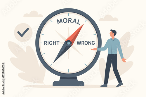 Ethical decision-making concept. Man using a moral compass to choose between right and wrong. Business ethics, integrity, and principles. Metaphor for conscience and guidance.