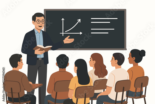 Teacher giving lecture to students in university classroom. Professor pointing at growth graph on chalkboard. Business training, finance seminar, education, learning concept vector.