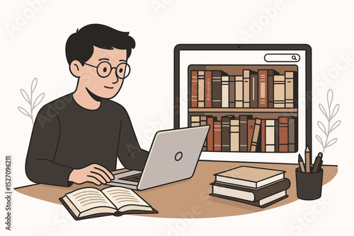 E-learning concept. Student studying with laptop. Online education and digital library. Man at desk doing academic research. Knowledge and information access. University study.