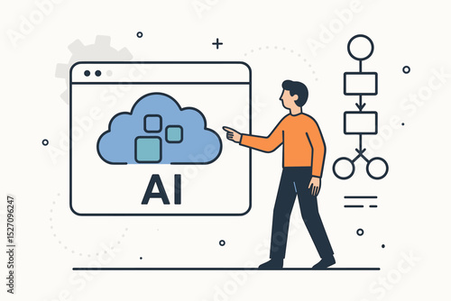 Man pointing at an AI cloud computing service. Artificial intelligence technology concept. Developer working on data processing algorithm. Business automation workflow and flowchart.