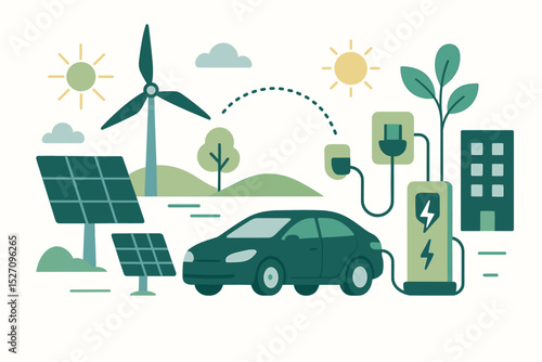 Green transportation concept with electric car at charging station. Renewable energy from solar panels and wind turbine. Eco-friendly mobility and sustainable future vector illustration.