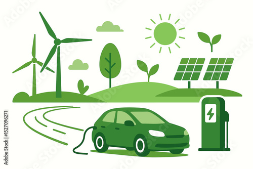 Electric car charging at a station. Green transport concept with renewable energy. Sustainable mobility with wind turbines, solar panels. Eco-friendly technology vector illustration.