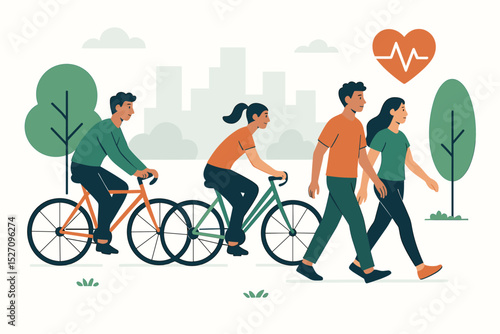 Active transportation concept with people walking and cycling in city park. Vector illustration of a healthy lifestyle with outdoor exercise, fitness, and cardiovascular health.