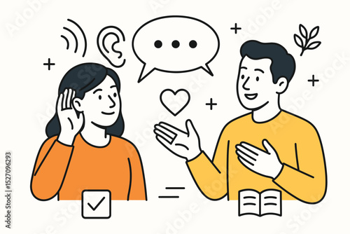 Active listening vector illustration. Woman hearing man with empathy. Concept of communication, support, dialogue, and understanding. Psychology, therapy, and soft skills icons.