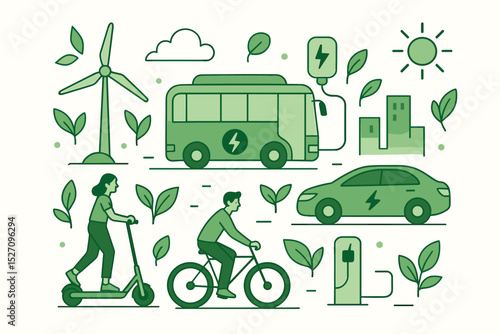 Green mobility concept with electric car, bus, scooter, bicycle. Sustainable urban transport and clean energy illustration. Eco-friendly city life with EV charging station and wind turbine.