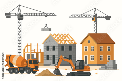 Building new homes concept. Construction site showing houses in different stages of completion. Vector illustration with crane, excavator, cement truck for real estate industry.