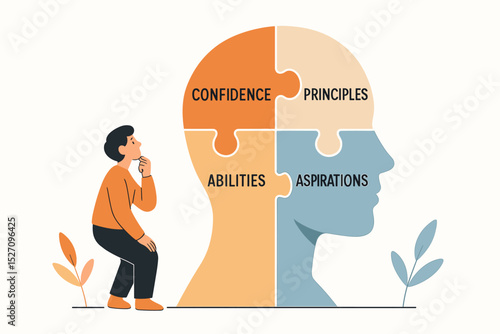 Self exploration journey concept. Man looking at puzzle head with confidence, principles, abilities, aspirations. Psychology, personal growth, self awareness, introspection vector.