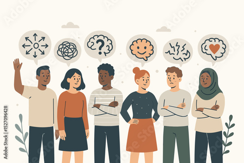 Diverse mindsets and mental health concept. Group of people with different thoughts and emotions. Psychology illustration with thought bubbles showing confusion, stress, empathy, and clarity.