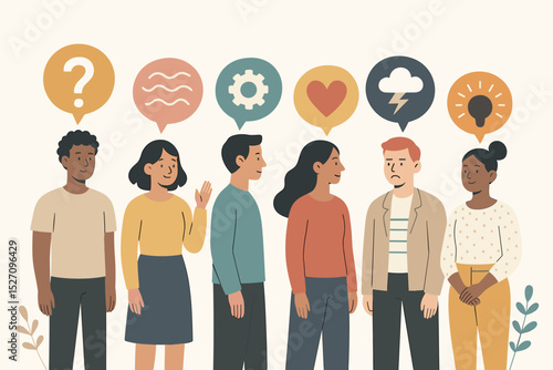 Diverse mindsets concept with group of people. Different thoughts and feelings in speech bubbles. Communication, emotional intelligence, teamwork, personality and psychology vector.