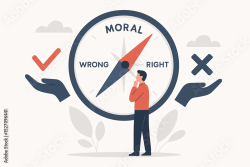 Moral compass concept. Man making a choice between right and wrong. Ethical dilemma and decision making vector illustration. Integrity, values, principles and conscience allegory.