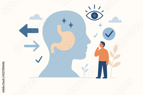 Intuition as a decision making asset. Gut feeling concept vector. Man listens to his inner voice and instincts. Psychology metaphor with head silhouette, stomach, and eye symbol.
