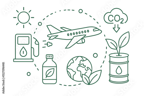 Sustainable Aviation Fuel concept vector illustration. SAF green energy innovation for eco-friendly transport. Biofuel production to reduce CO2 emissions from airplanes. Ecology.