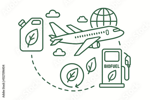 Sustainable Aviation Fuel concept. Biofuel for airplanes and eco friendly air travel. Green energy innovation for decarbonization. Renewable transport technology vector illustration.