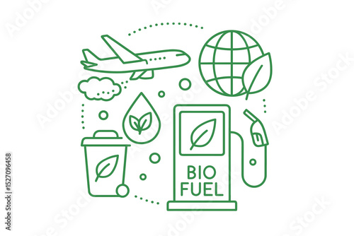 Sustainable aviation fuel line art concept. Biofuel for aircraft, renewable energy, and green flight technology. Eco-friendly transport to reduce carbon footprint and CO2 emissions.
