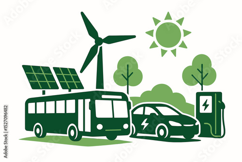 Sustainable transport concept with electric car and bus. Green renewable energy from solar panels and wind turbine. EV charging station. Eco friendly mobility vector illustration.