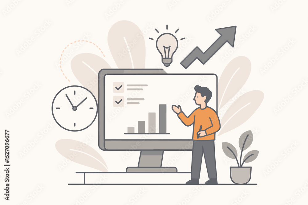 Fototapeta premium Productivity and time management concept. Business person analyzing data on computer screen. Workflow optimization, project management and efficiency for business growth and success.